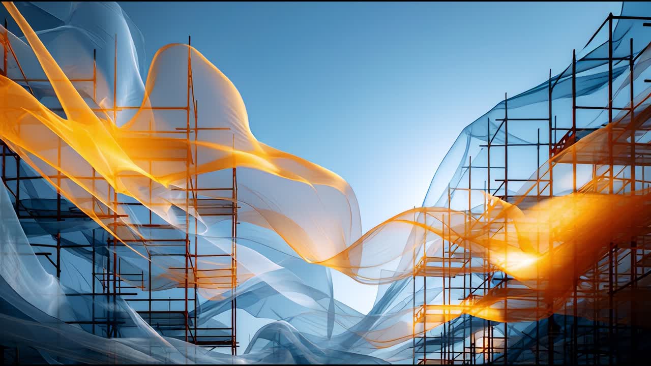 A mesmerizing fusion of vibrant waves and structured scaffolding in a captivating landscape, showcasing the interplay of light, color, and form in a unique artistic representation