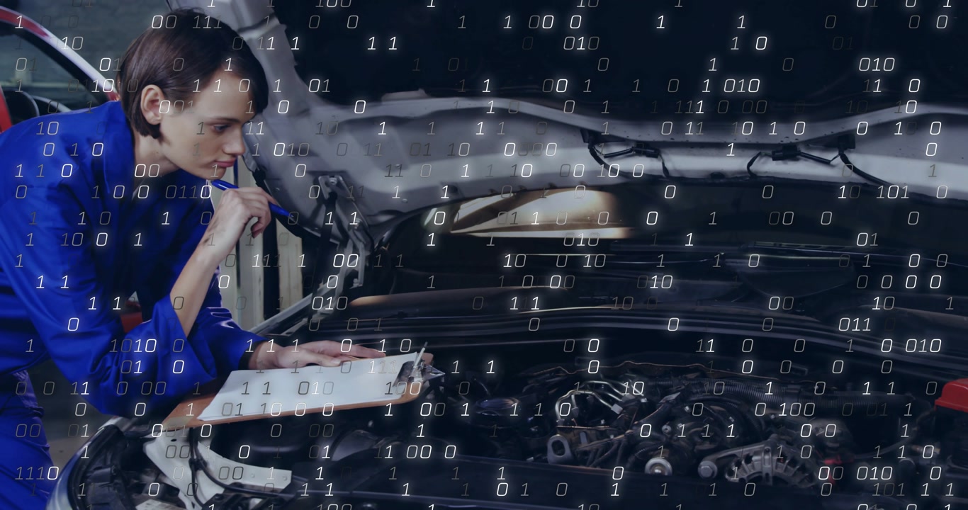 Woman tech inspecting engine and noting checks in bay while binary drifting partly hiding engine