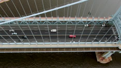 top down aerial of traffic crossing ben franklin suspension bridge in philadelphia usa, transportation and logistics theme, daily commuter traffic