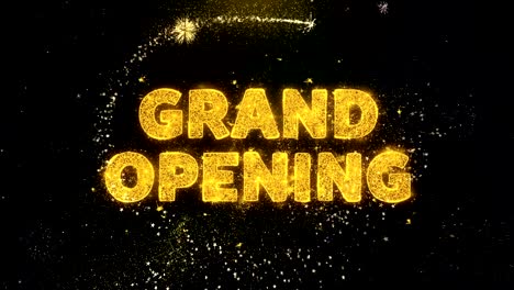 grand opening text on gold particles fireworks display.