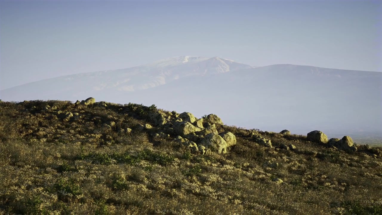 Cresta rocciosa in primo piano con pietre circostanti e montagna innevata in lontananza