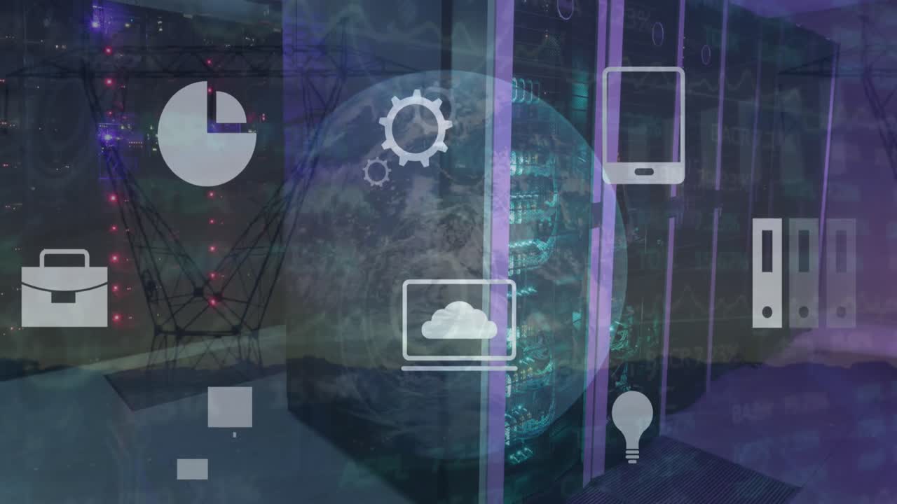 animación de múltiples iconos digitales y globo contra la sala de servidores de computadoras y torres de red