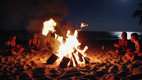 amigos disfrutando de una fogata en la playa por la noche