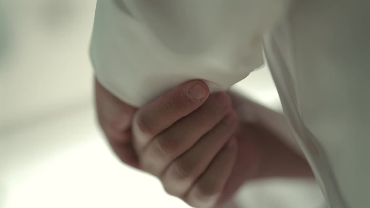 Detailed closeup shot with shallow depth of field focusing on a groom's hands adjusting the cufflinks of his crisp white dress shirt before the wedding