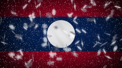 laos flag falling snow loopable, new year and christmas background, loop