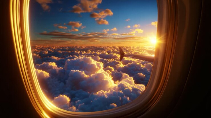 Vista Cativante da Janela de um Avião ao Pôr do Sol: Uma Cena Deslumbrante de Nuvens Vibrantes e do Sol Poente Iluminando os Céus, Proporcionando uma Jornada Serena e Tranquila Pelos Céus