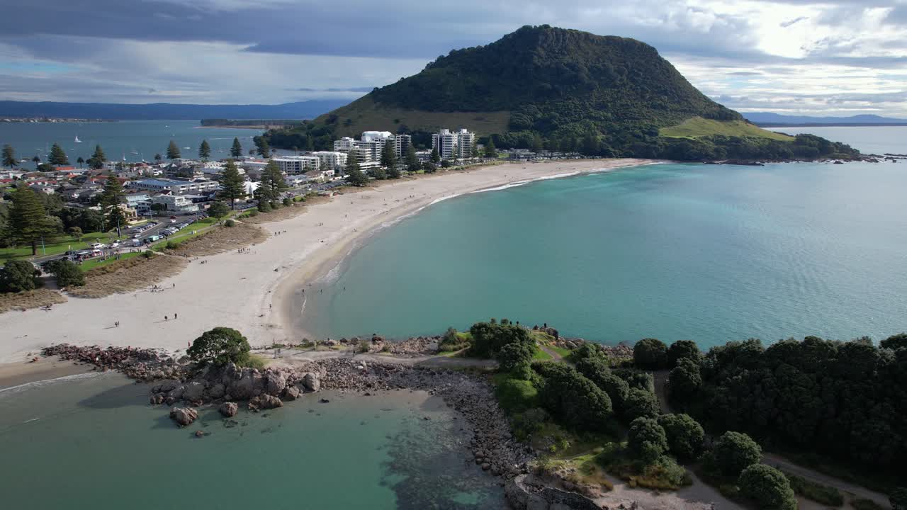 Panoramic view of Mount Maunganui beach and township with Mauao