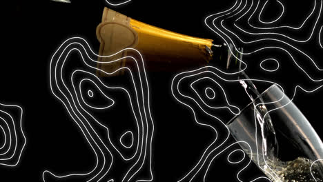 animación de líneas de contorno moviéndose sobre botella de champán vertiendo en vidrio sobre fondo negro