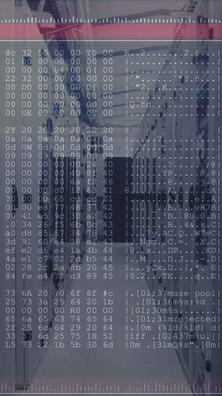 Animation of data processing on computer screen tech room with computer servers