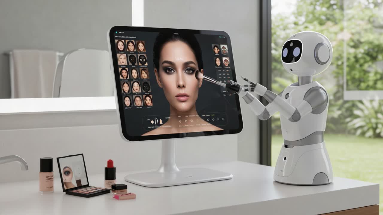 A Futuristic Robot Applying Makeup Virtually Using Advanced Technology on a Screen Displaying Diverse Facial Features and Cosmetic Options