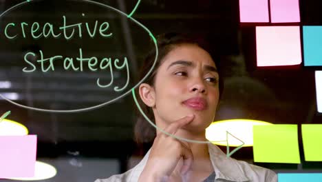 female executive reading the sticky notes