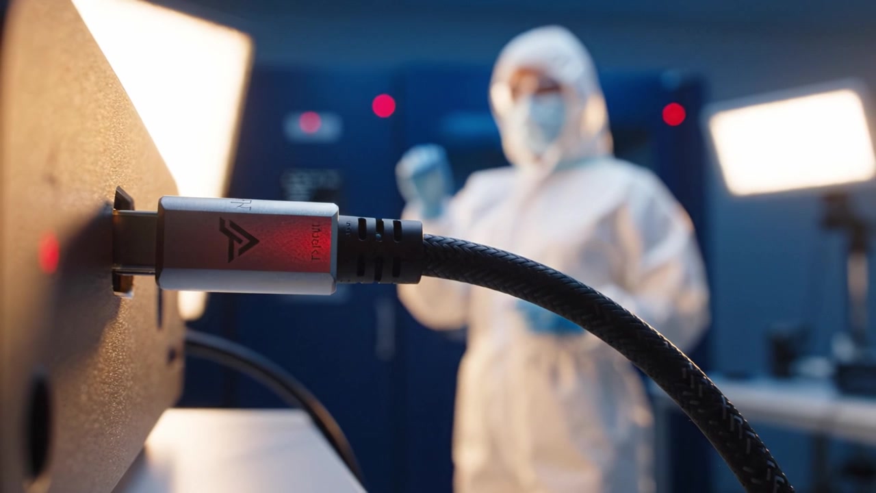 Uma visão focada de uma pessoa em um traje de proteção conectando um cabo a um dispositivo, destacando a importância da segurança em ambientes laboratoriais ou técnicos