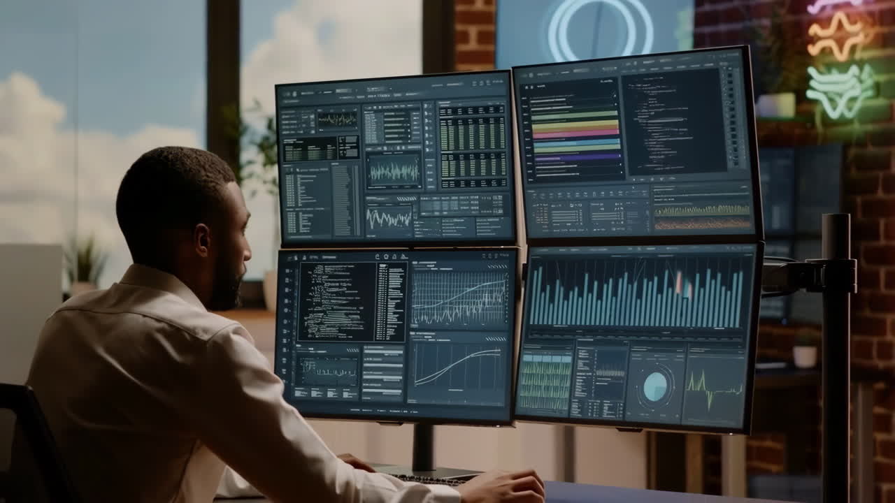 Man Working on Multiple Monitors Displaying Data and Code