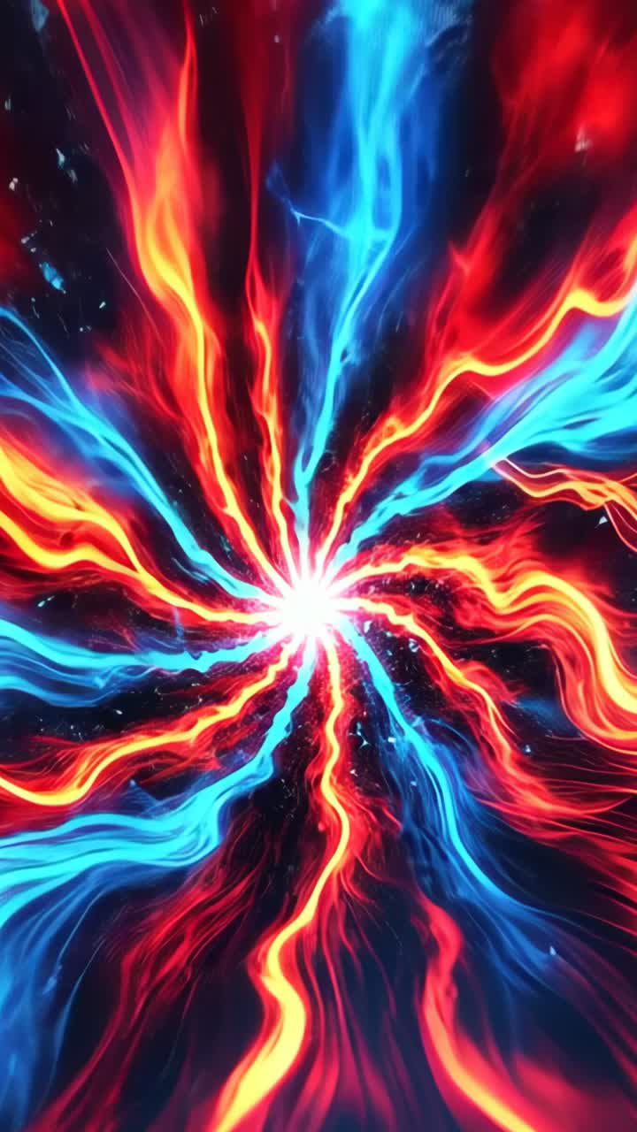Vertical video: Radiating from bright core, red-blue ribbons spiraling in starscape, showing energy