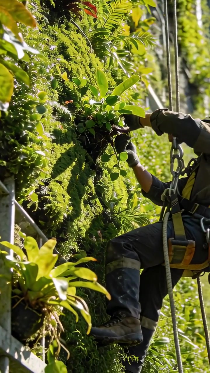 Vertical video: Bracing on rail, harnessed tech pulling plant checking roots on green wall for care