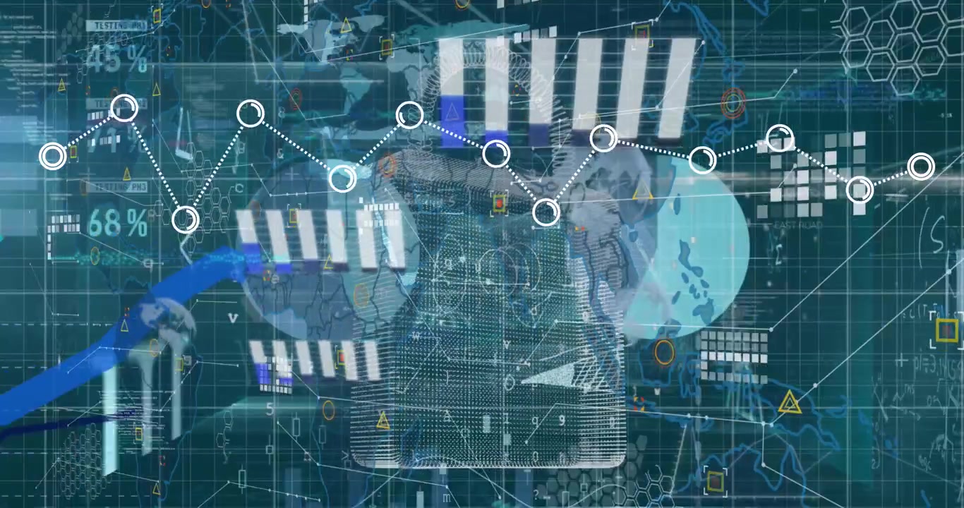 Animation of statistical data processing over security padlock icon against green background