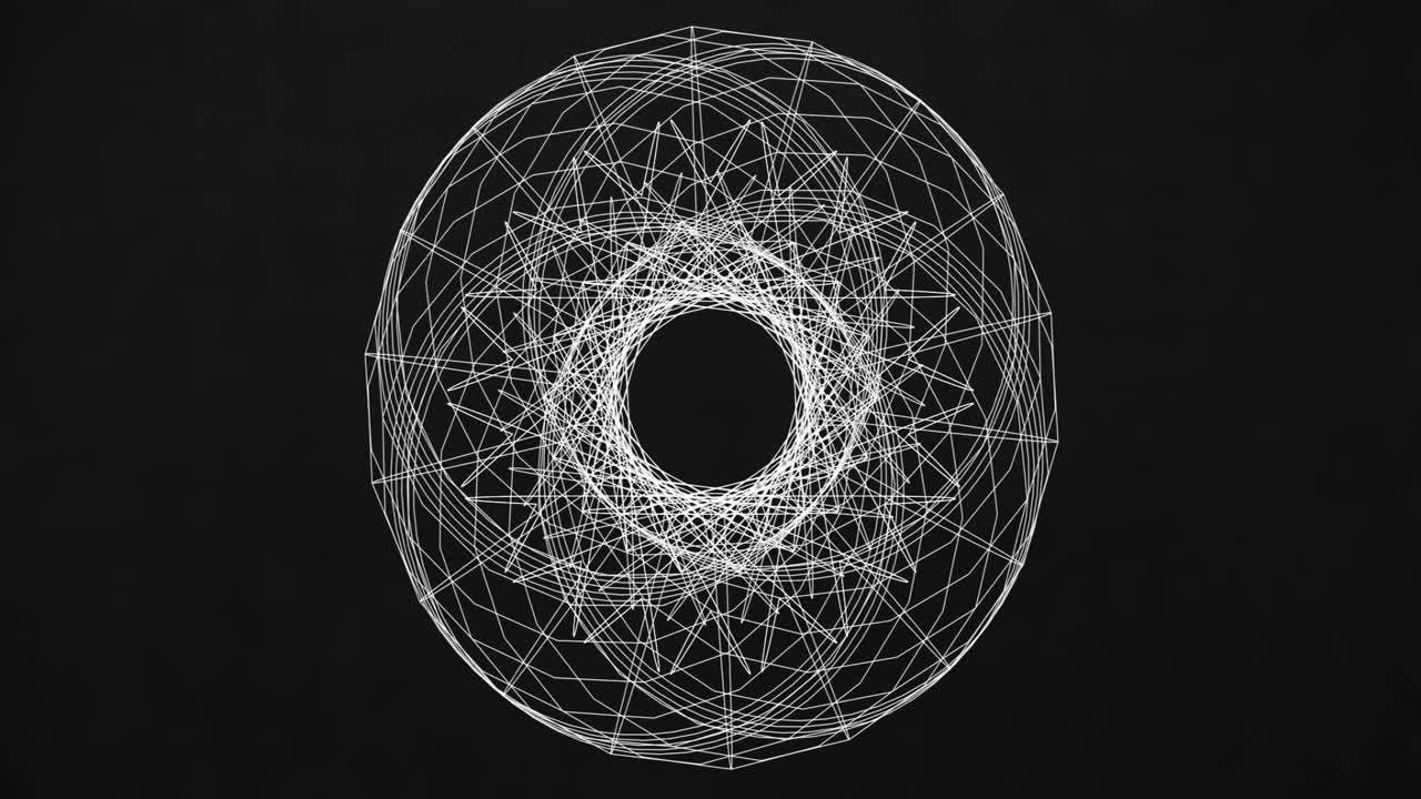 анимация белого 3d-геометрического кольцевого узора, вращающегося на черном фоне
