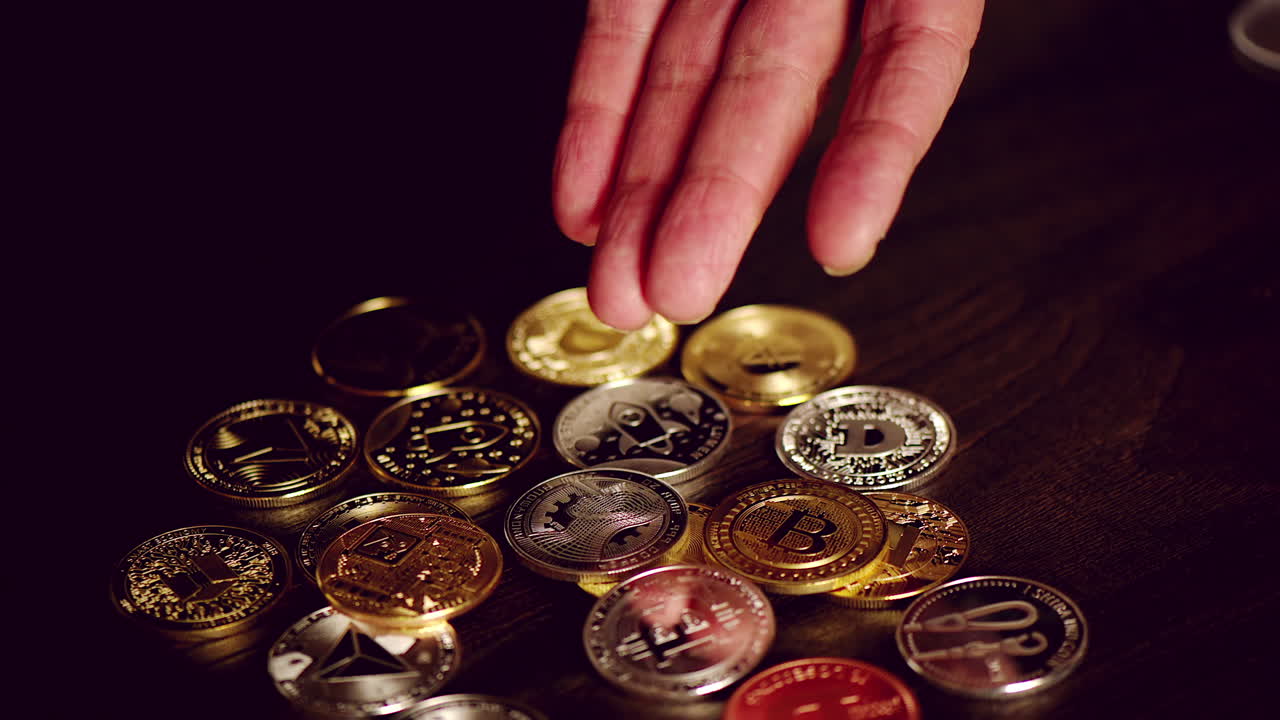 Man hand attracting crypto coins and golden bitcoin