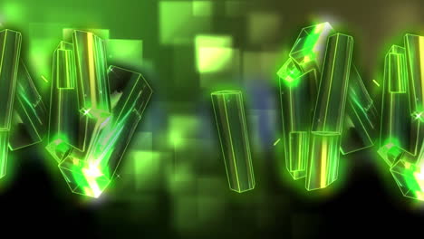 digital animation of green glowing crystal shapes moving against green and grey gradient background