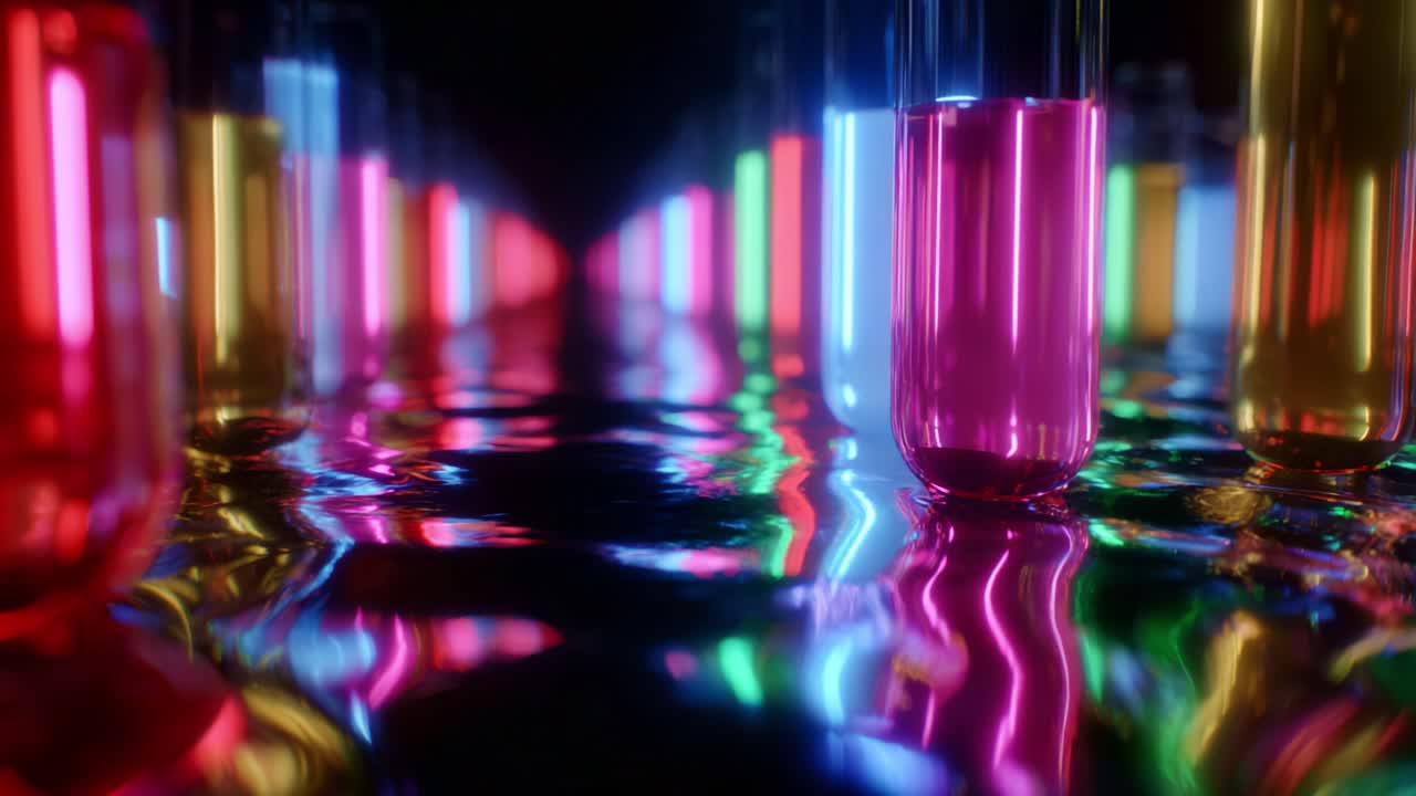 En fortryllende fremvisning af farverige reagensglas, der reflekterer levende på en blank overflade, og skaber et fascinerende lysshow med livlige nuancer af pink, grøn, gul og blå i en tredimensionel indstilling