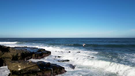 4K-Zeitlupenaufnahmen-Von-Großen-Meereswellen,-Die-Bei-Flut-In-La-Jolla-Cove-In-San-Diego,-Kalifornien,-Auf-Klippen-Krachen,-Während-Pelikane-Vorbeifliegen