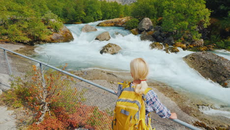 a woman traveler looks at the famous briksdal glacier in norway a back view