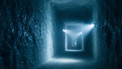 exploring the mysterious depths of an enigmatic underground cave system illuminated by striking lights, revealing the intricacies of subterranean architecture