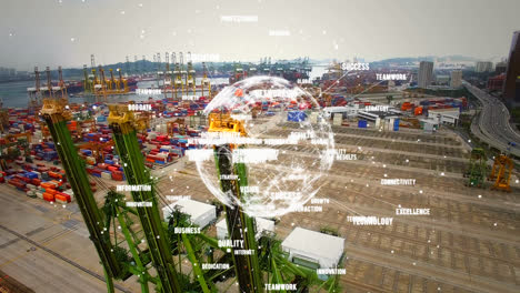 aerial view of shipping dock with rotating globe