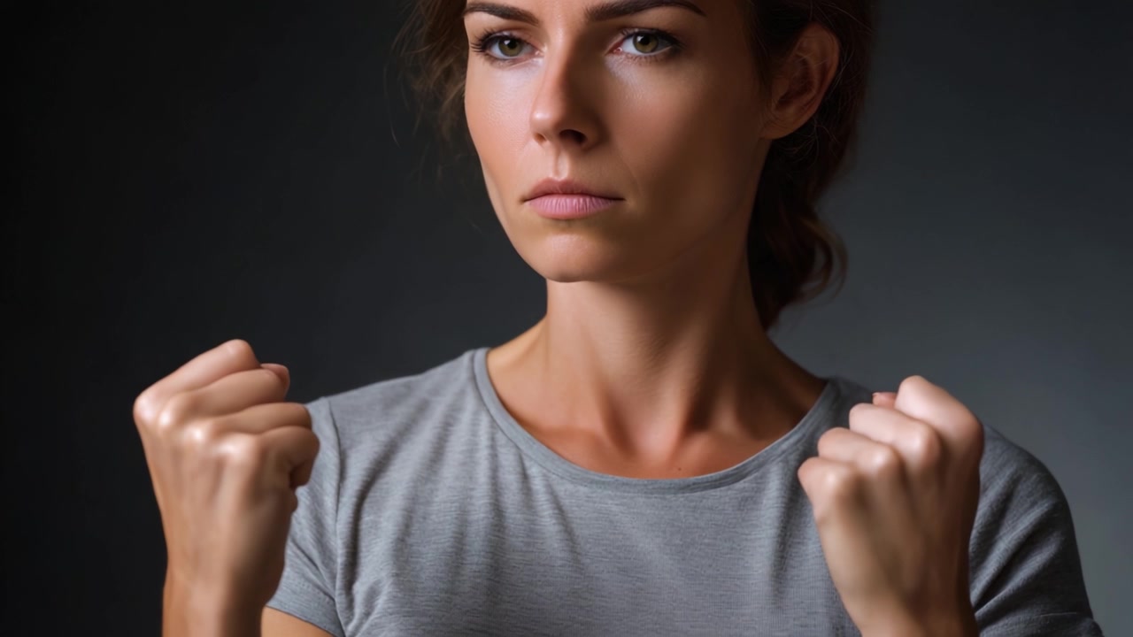 Una donna determinata mostra forza e concentrazione con i pugni chiusi, incarnando empowerment e resilienza in una sorprendente rappresentazione visiva della forza interiore