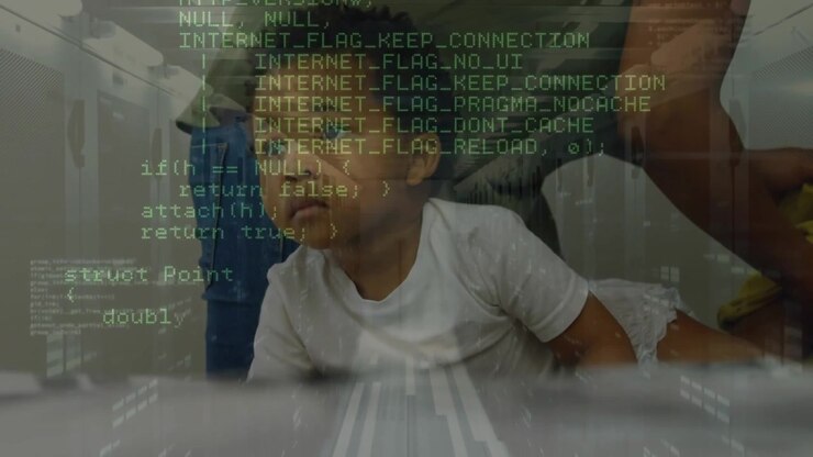 Animation of data processing over father with son reading
