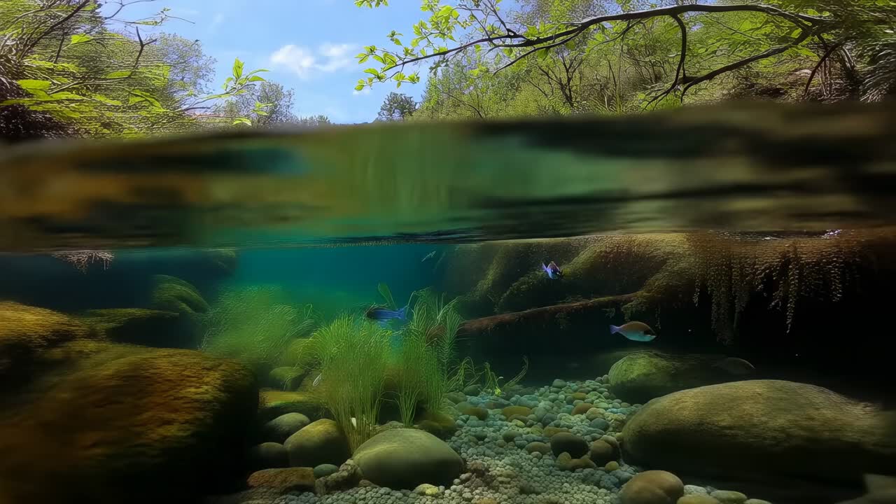 Spostamento della camera che rivela una piscina poco profonda e una piccola cascata al torrente della foresta per catturare i ciottoli
