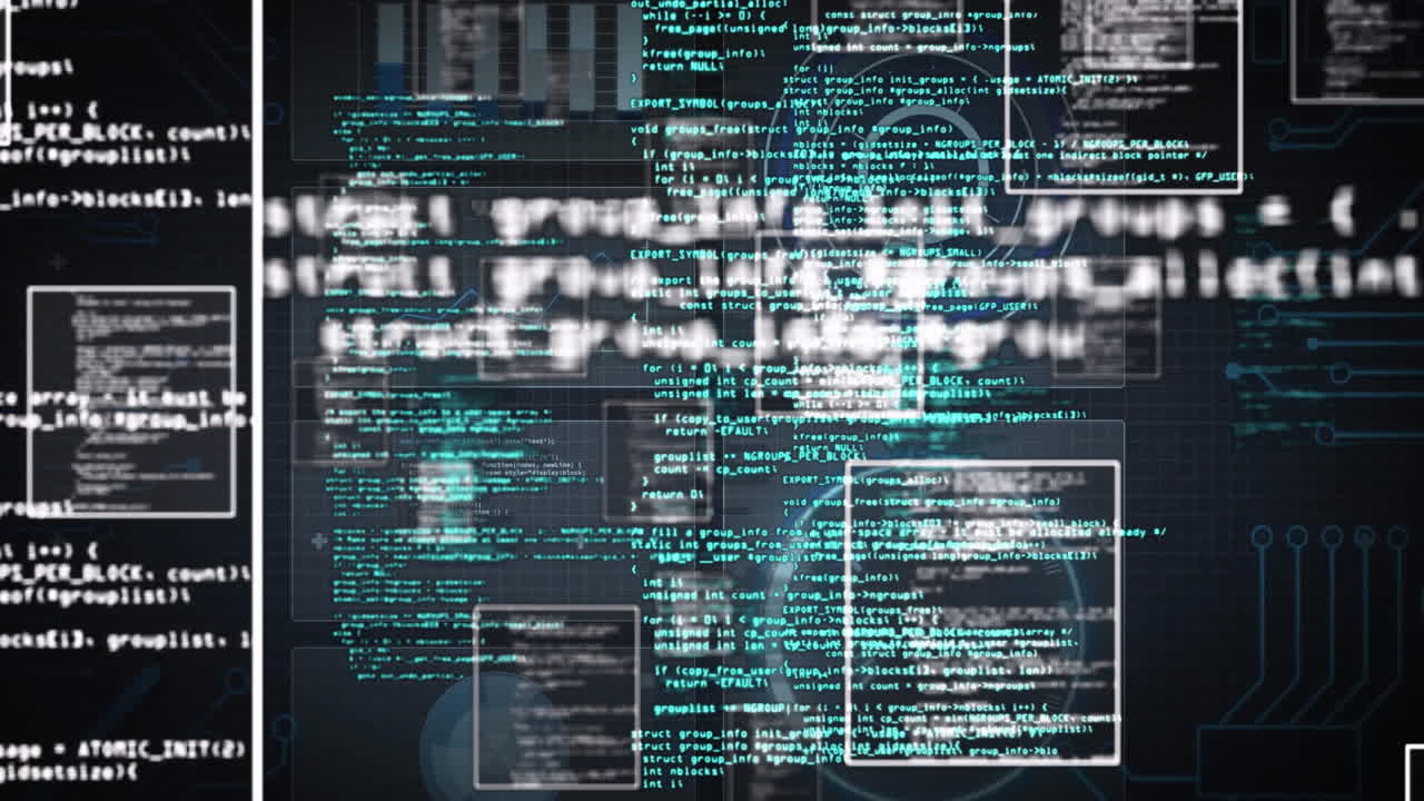 Digital code and data processing animation over futuristic interface background