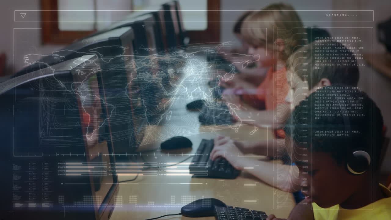 animación del procesamiento de datos sobre escolares que utilizan computadoras en clase