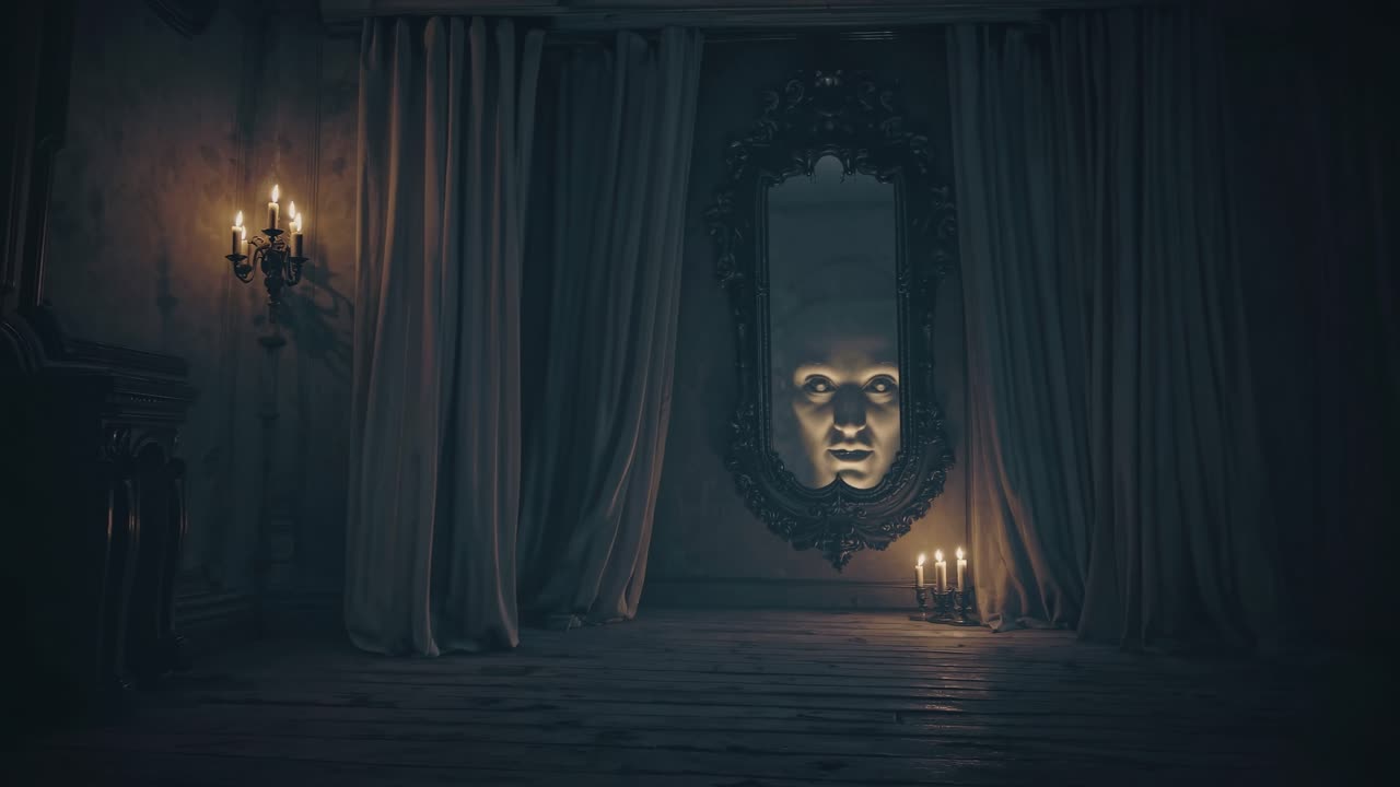 Mysterious scene with a haunting mirror reflecting an eerie face, surrounded by soft drapes and flickering candlelight, creating an unsettling atmosphere of suspense and intrigue