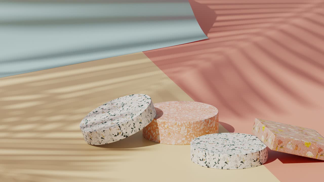 Pastel terrazzo on yellow ,pink and blue paper roll background with loop motion shadow of leaf. 4k UHD 3d render animation.
