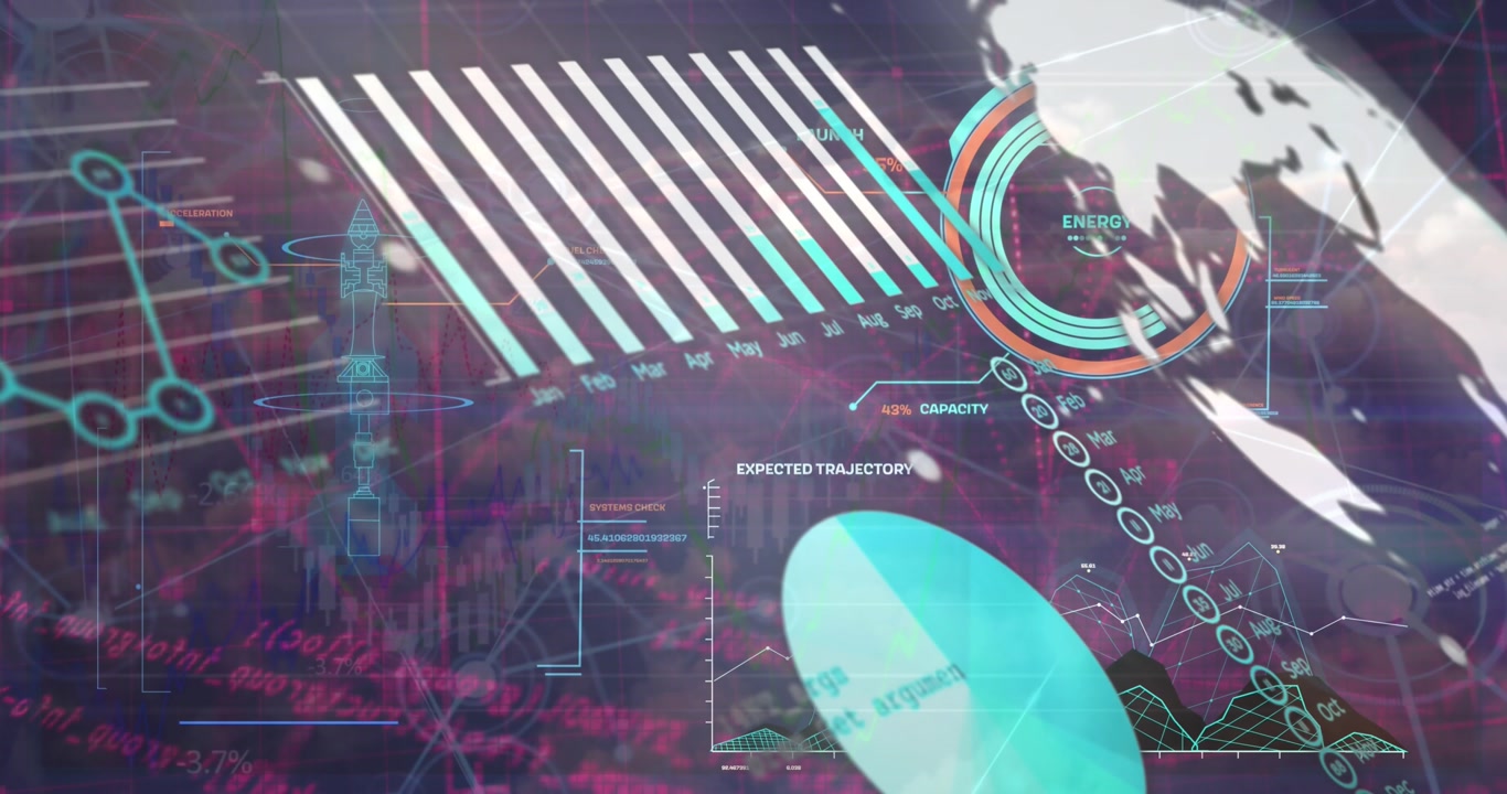 Animation of data processing with scope scanning over sky with clouds