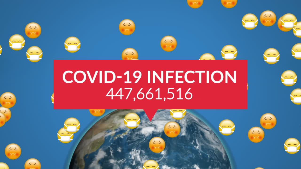 파란색 배경에 에모지와 증가하는 숫자를 가진 애니메이션 글로벌 코로나19 확산 컨셉.