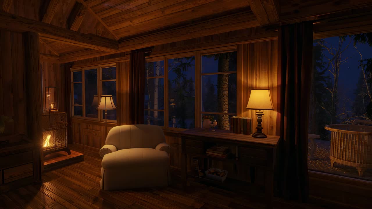 Ripresa panoramica che inquadra una baita di legno di notte, rivelando una poltrona chiara vicino a un caminetto acceso e a una scrivania