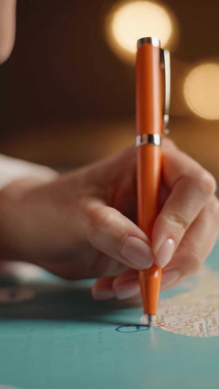 Primo piano di una mano che tiene una penna arancione, pronta a scrivere o disegnare su una mappa colorata, circondata da luce ambientale in uno spazio di lavoro creativo