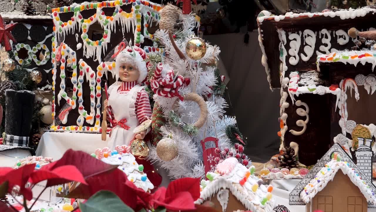 Christmas decorations arrangement, Christmas traditions with Mrs. Claus, gingerbread houses, candies, toys, Christmas tree.