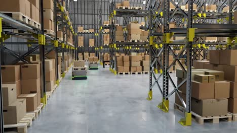animación de robots y drones que trabajan en el almacén