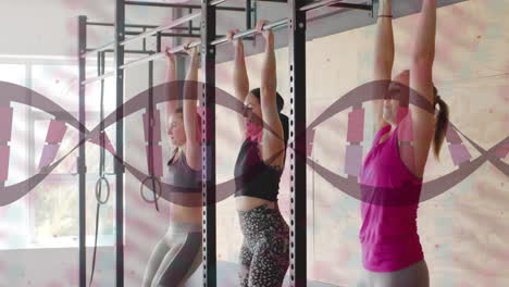 animación de cadenas de adn sobre mujeres caucásicas haciendo ejercicio en el gimnasio