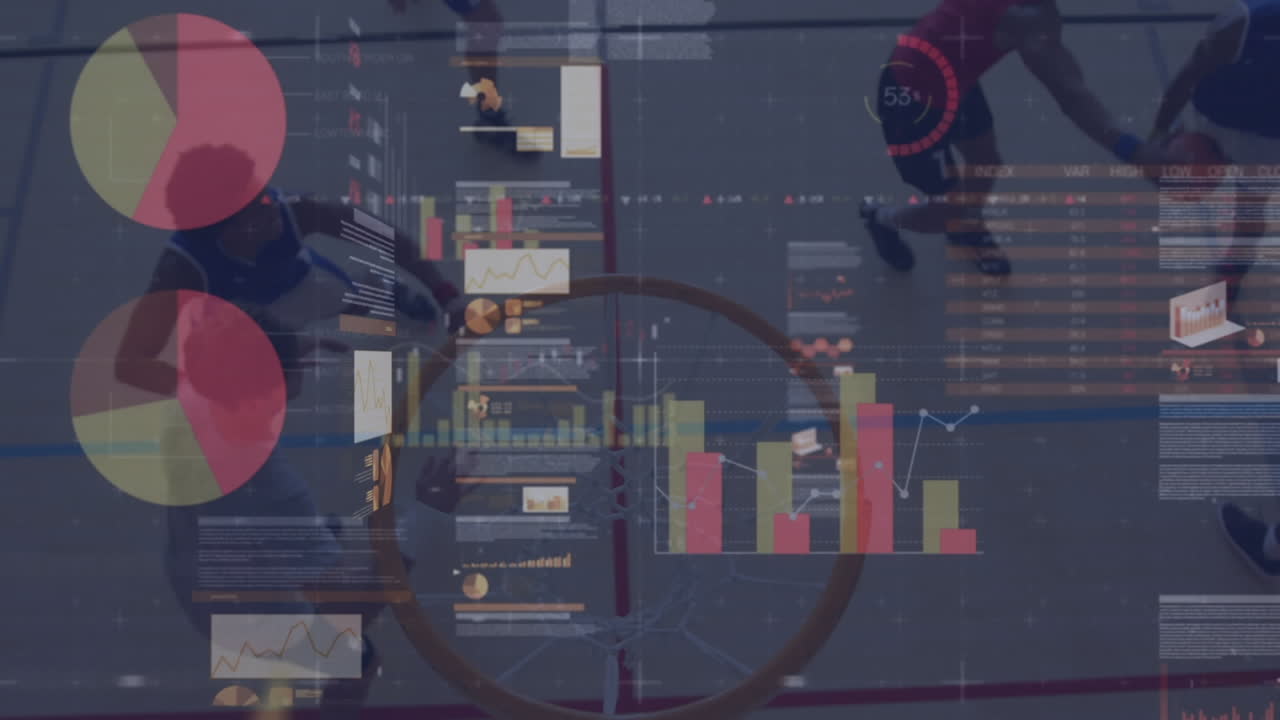 체육관에서 다양한 남성 농구 선수 그룹에 대한 금융 데이터 처리 애니메이션