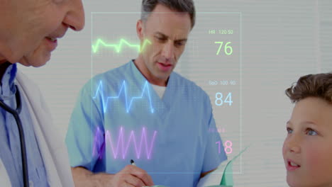animation of cardiograph over caucasian male doctor examining his patient