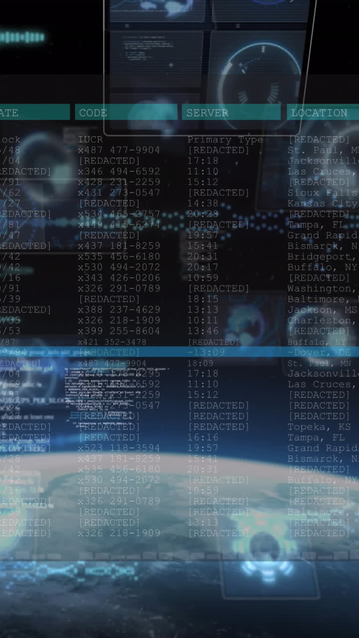 Animation of data processing on screens over glowing star and planet earth
