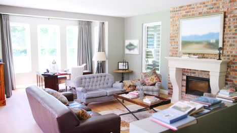 furnished sitting room in a family home, rack focus shot