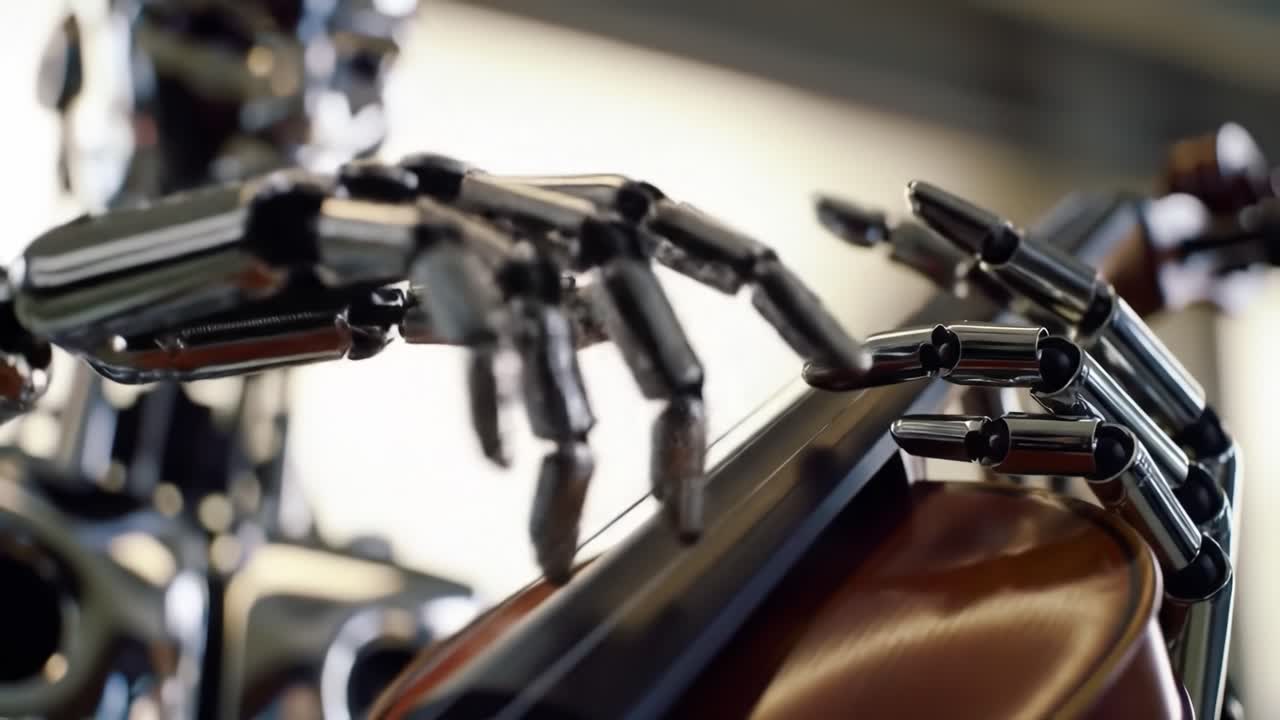 Advanced robotic hands skillfully maneuver across the strings of a violin, creating harmonious sounds. The setting showcases a bright, contemporary room filled with musical energy.