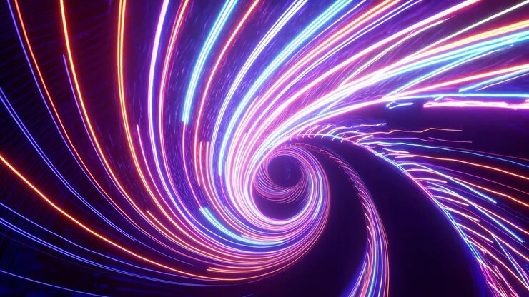 Túnel de redemoinho neon vívido com rastros, fitas coloridas de luz em espiral em um vórtice brilhante com brilho elétrico.