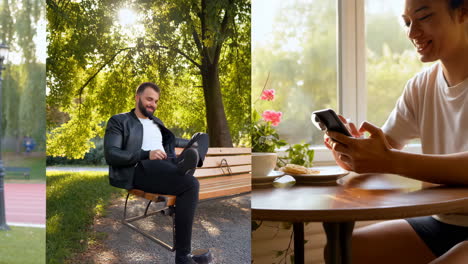 people relaxing in a park and at a cafe, engaged with phones