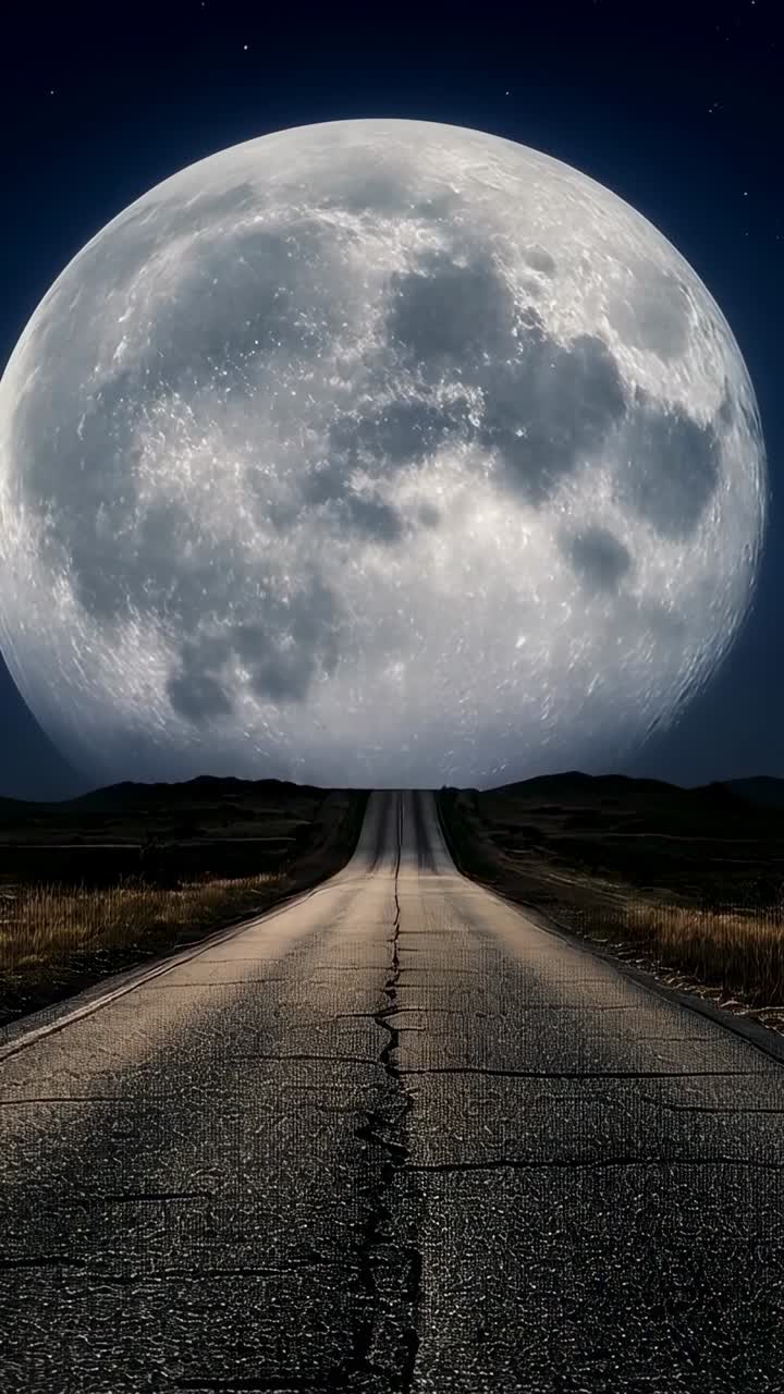 Vídeo vertical: time-lapse documentando o crescimento da lua cheia, descendo em direção à junção da estrada à noite